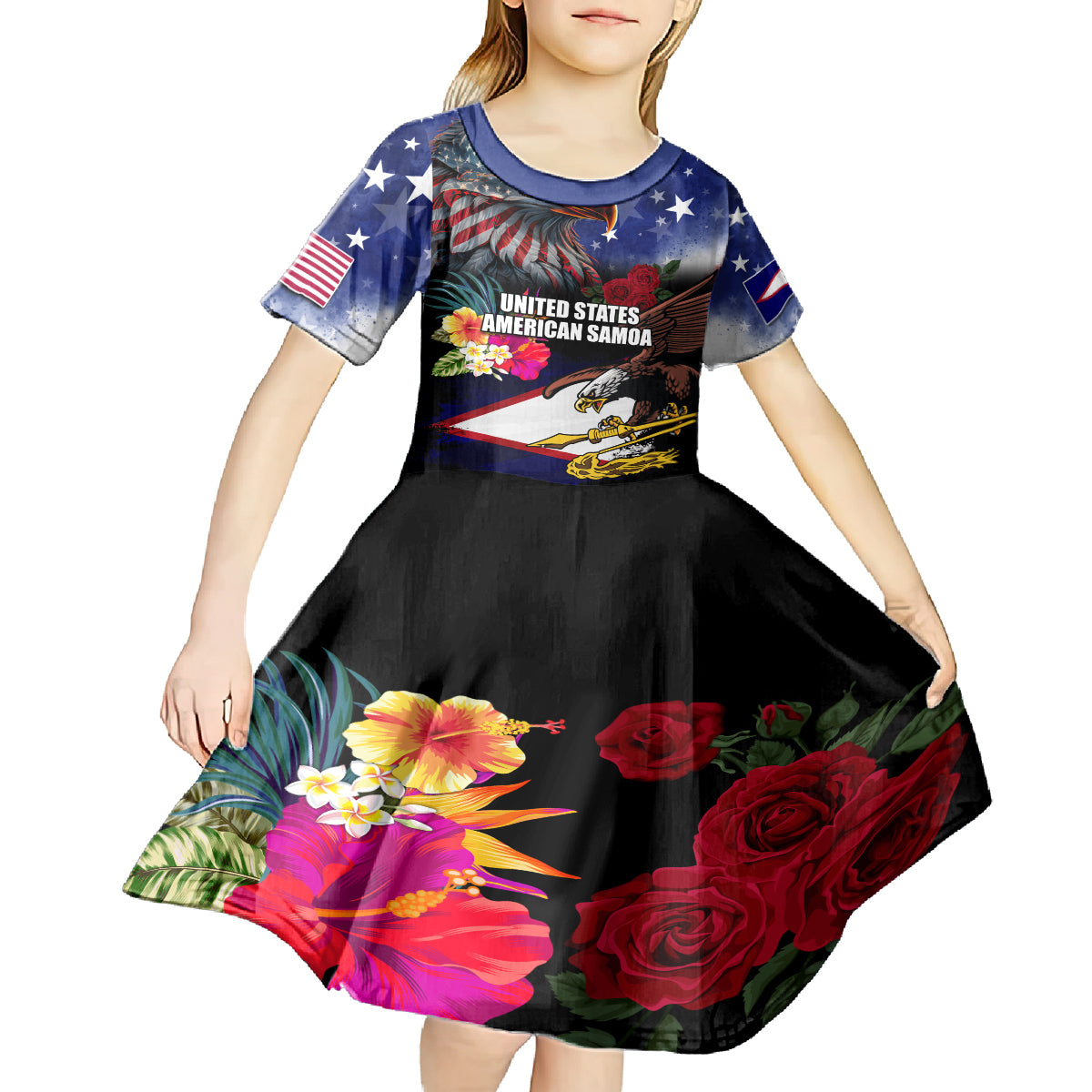 Personalised United States and American Samoa Kid Short Sleeve Dress Bald Eagle Rose and Hibiscus Flower LT03 - Polynesian Pride