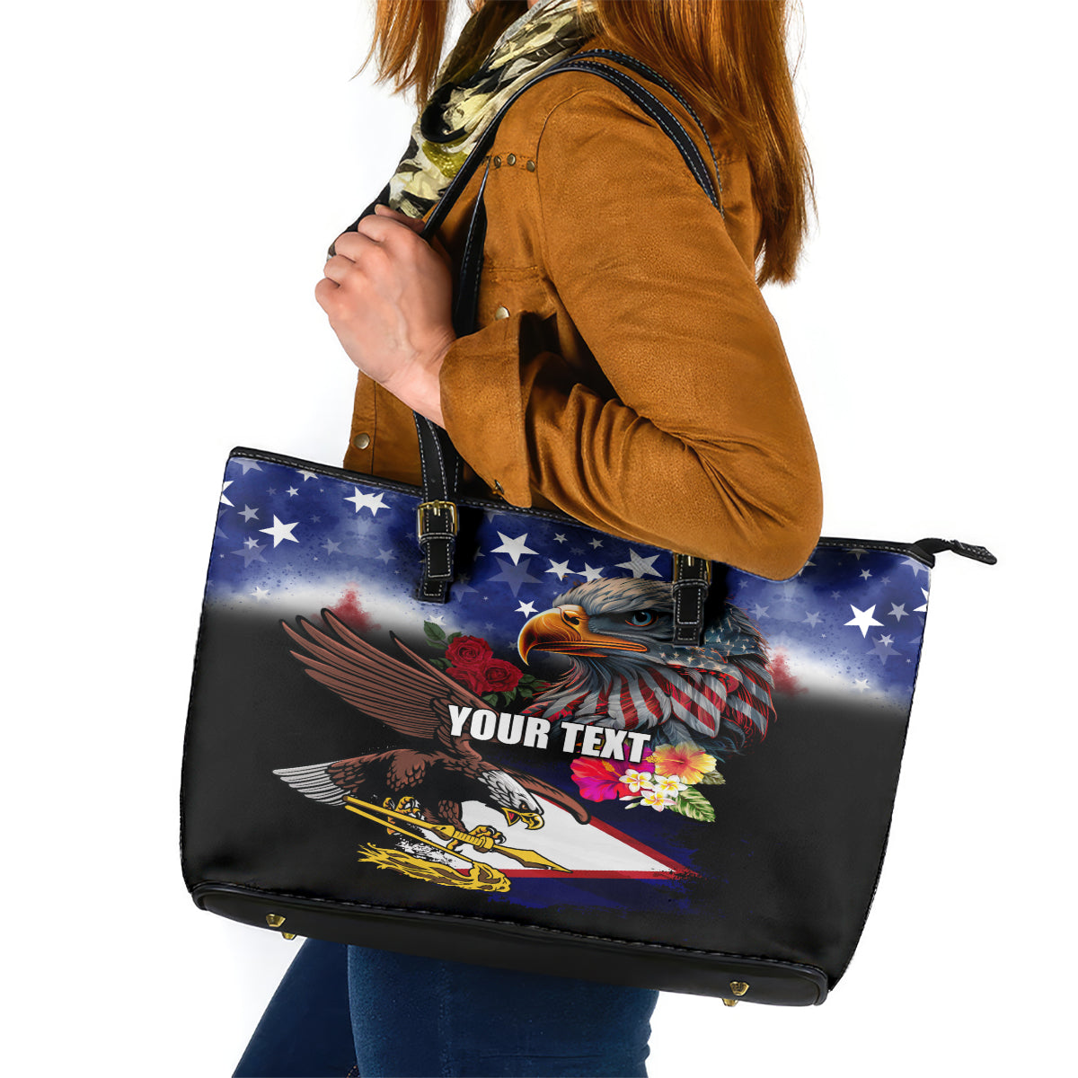 Personalised United States and American Samoa Leather Tote Bag Bald Eagle Rose and Hibiscus Flower LT03 Blue - Polynesian Pride
