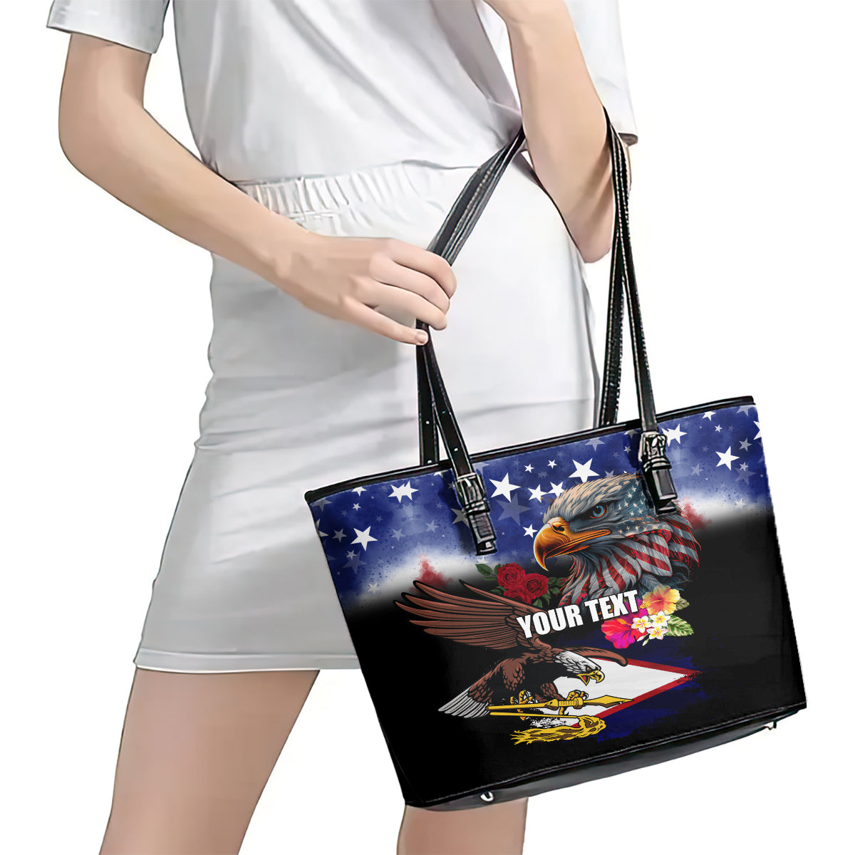 Personalised United States and American Samoa Leather Tote Bag Bald Eagle Rose and Hibiscus Flower LT03 - Polynesian Pride