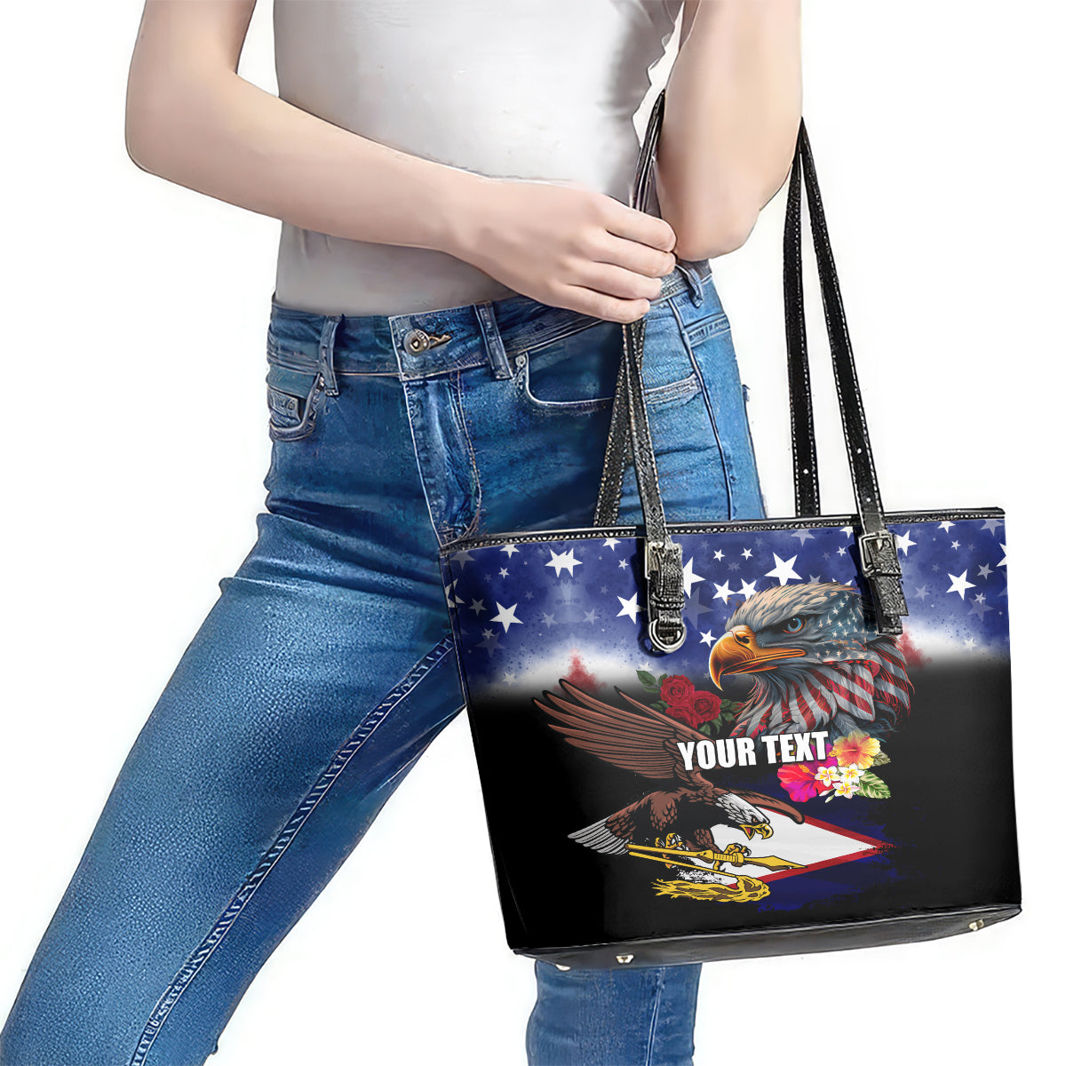 Personalised United States and American Samoa Leather Tote Bag Bald Eagle Rose and Hibiscus Flower LT03 - Polynesian Pride