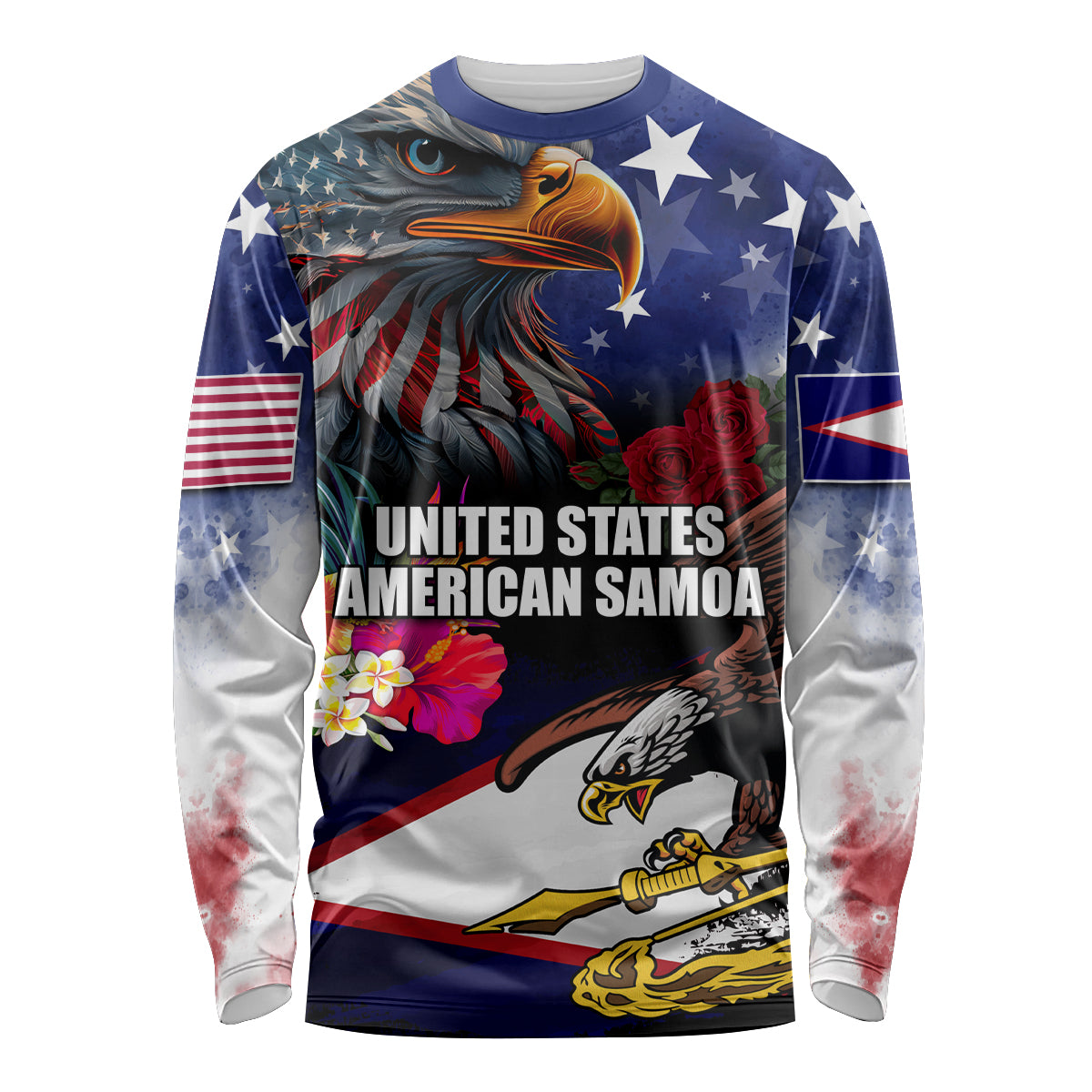 United States and American Samoa Long Sleeve Shirt Bald Eagle Rose and Hibiscus Flower