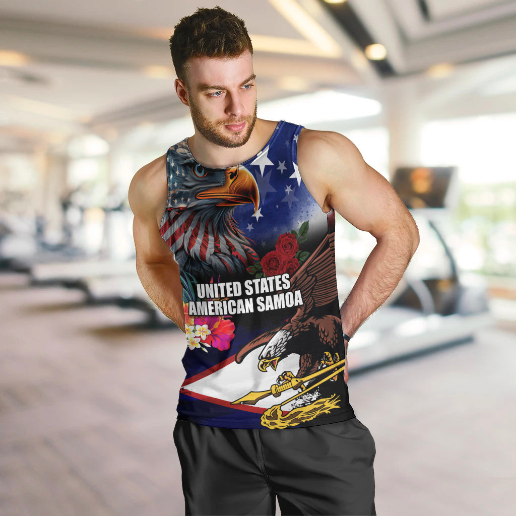 Personalised United States and American Samoa Men Tank Top Bald Eagle Rose and Hibiscus Flower LT03 Blue - Polynesian Pride