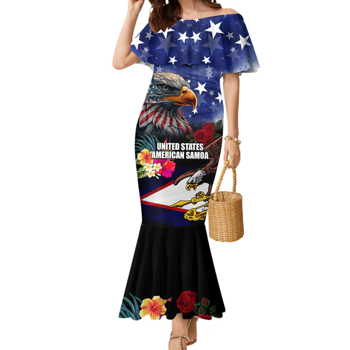 United States and American Samoa Mermaid Dress Bald Eagle Rose and Hibiscus Flower