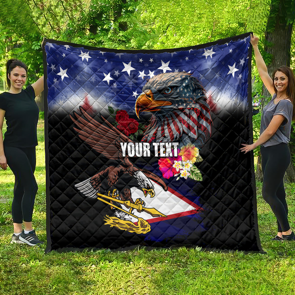 Personalised United States and American Samoa Quilt Bald Eagle Rose and Hibiscus Flower