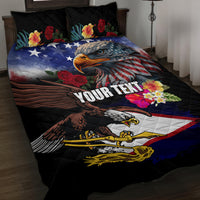 Personalised United States and American Samoa Quilt Bed Set Bald Eagle Rose and Hibiscus Flower LT03 Blue - Polynesian Pride