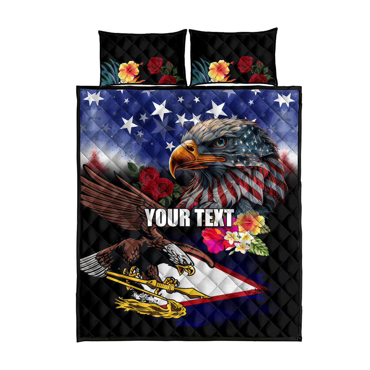 Personalised United States and American Samoa Quilt Bed Set Bald Eagle Rose and Hibiscus Flower LT03 - Polynesian Pride