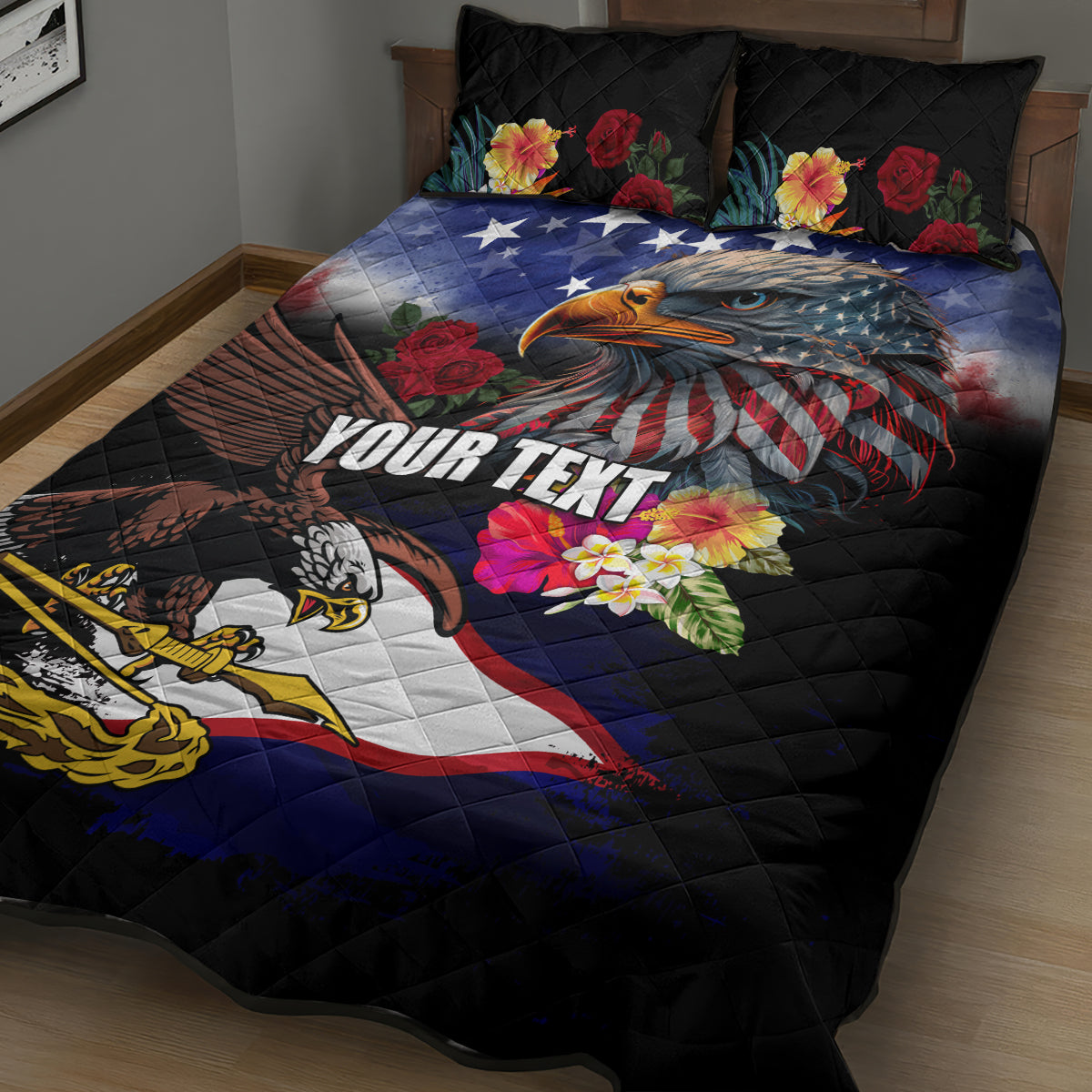 Personalised United States and American Samoa Quilt Bed Set Bald Eagle Rose and Hibiscus Flower LT03 - Polynesian Pride