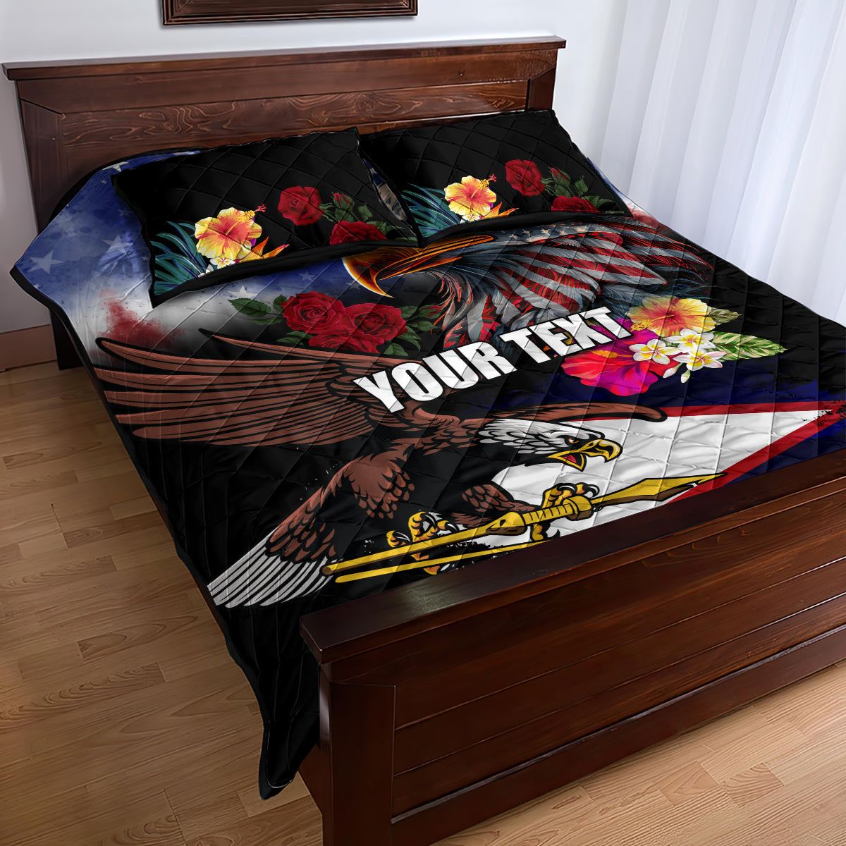 Personalised United States and American Samoa Quilt Bed Set Bald Eagle Rose and Hibiscus Flower LT03 - Polynesian Pride