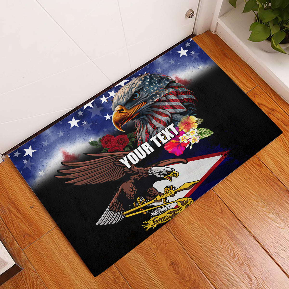 Personalised United States and American Samoa Rubber Doormat Bald Eagle Rose and Hibiscus Flower LT03 Blue - Polynesian Pride