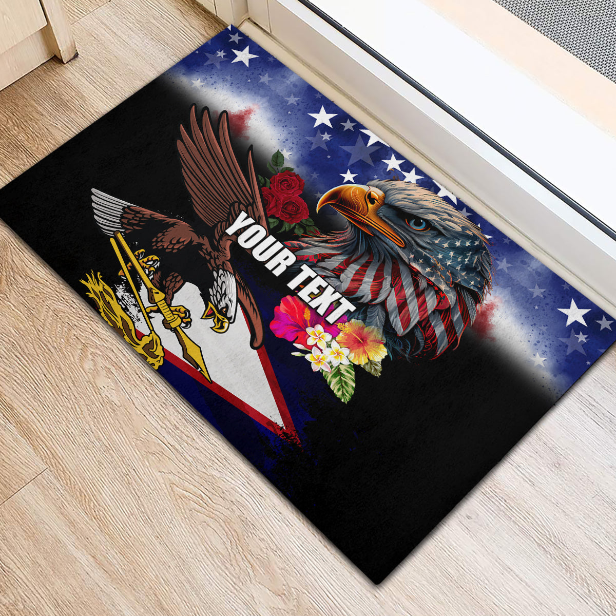 Personalised United States and American Samoa Rubber Doormat Bald Eagle Rose and Hibiscus Flower LT03 - Polynesian Pride