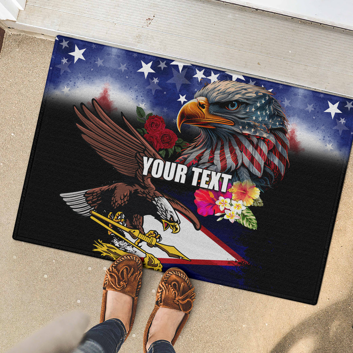 Personalised United States and American Samoa Rubber Doormat Bald Eagle Rose and Hibiscus Flower LT03 - Polynesian Pride