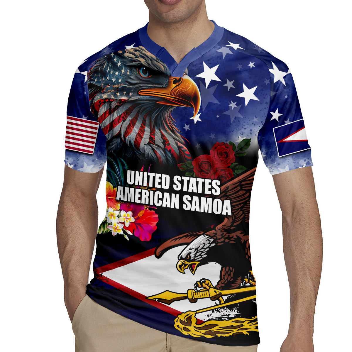 United States and American Samoa Rugby Jersey Bald Eagle Rose and Hibiscus Flower