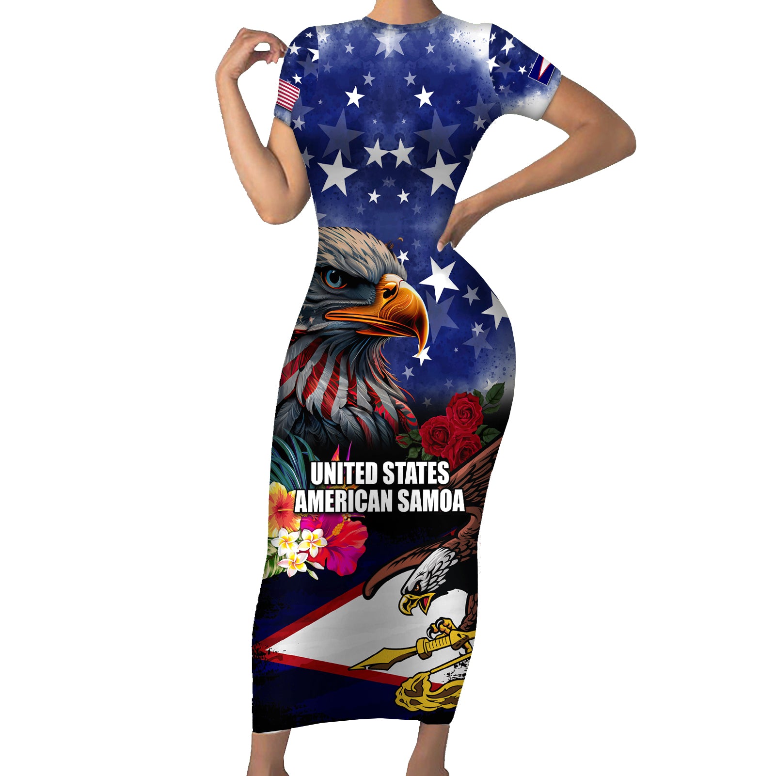 United States and American Samoa Short Sleeve Bodycon Dress Bald Eagle Rose and Hibiscus Flower