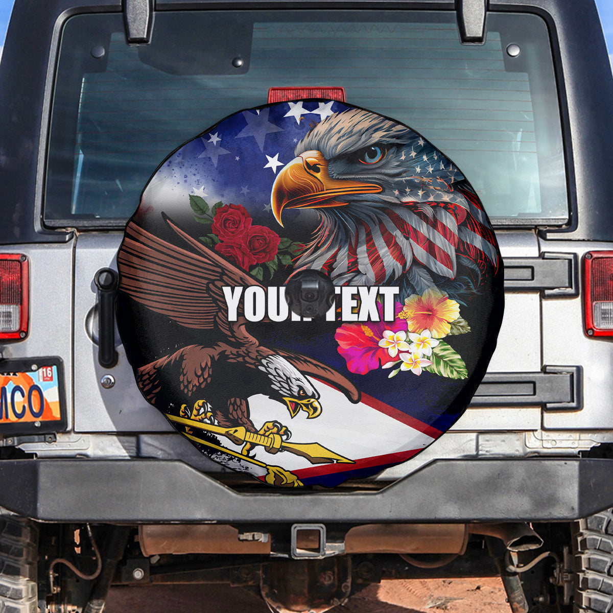 Personalised United States and American Samoa Spare Tire Cover Bald Eagle Rose and Hibiscus Flower