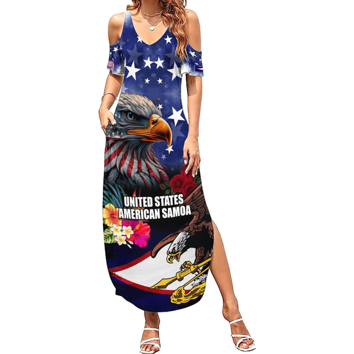 Personalised United States and American Samoa Summer Maxi Dress Bald Eagle Rose and Hibiscus Flower LT03 Women Blue - Polynesian Pride