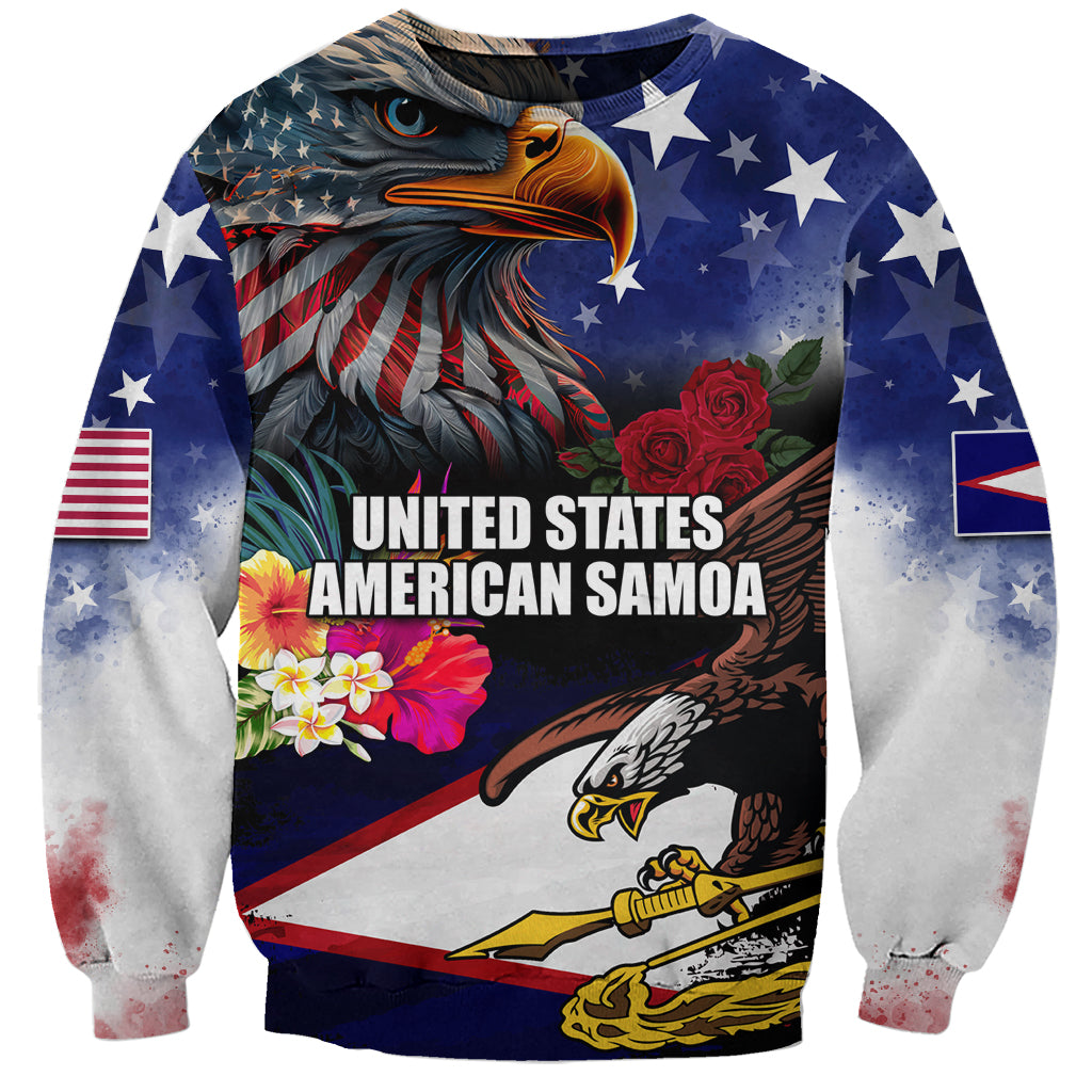 Personalised United States and American Samoa Sweatshirt Bald Eagle Rose and Hibiscus Flower LT03 Unisex Blue - Polynesian Pride