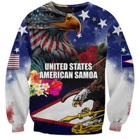 Personalised United States and American Samoa Sweatshirt Bald Eagle Rose and Hibiscus Flower LT03 Unisex Blue - Polynesian Pride