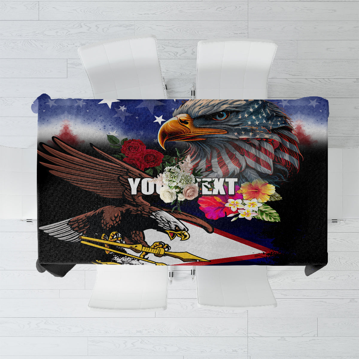 Personalised United States and American Samoa Tablecloth Bald Eagle Rose and Hibiscus Flower LT03 Blue - Polynesian Pride