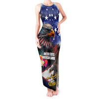 Personalised United States and American Samoa Tank Maxi Dress Bald Eagle Rose and Hibiscus Flower LT03 Women Blue - Polynesian Pride