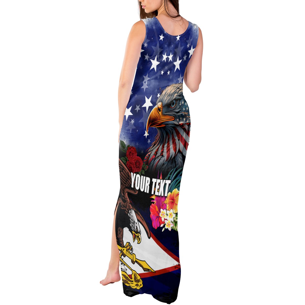 Personalised United States and American Samoa Tank Maxi Dress Bald Eagle Rose and Hibiscus Flower LT03 - Polynesian Pride