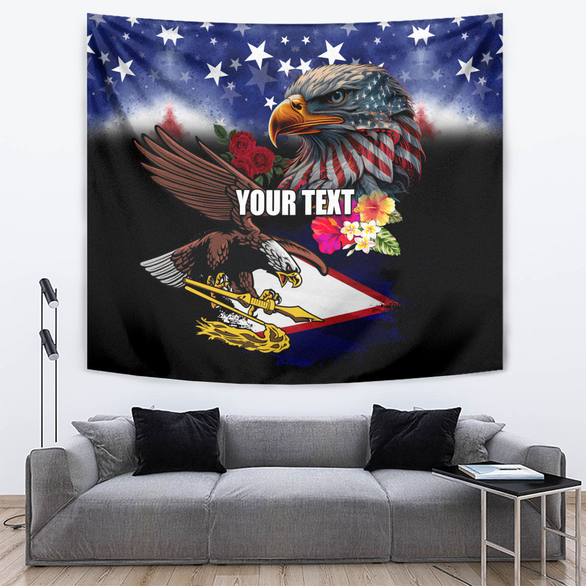 Personalised United States and American Samoa Tapestry Bald Eagle Rose and Hibiscus Flower LT03 Blue - Polynesian Pride