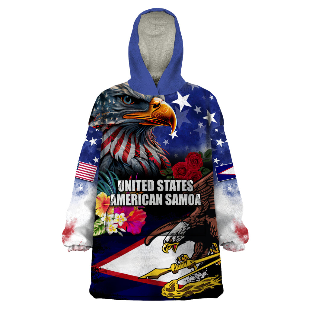 Personalised United States and American Samoa Wearable Blanket Hoodie Bald Eagle Rose and Hibiscus Flower LT03 One Size Blue - Polynesian Pride