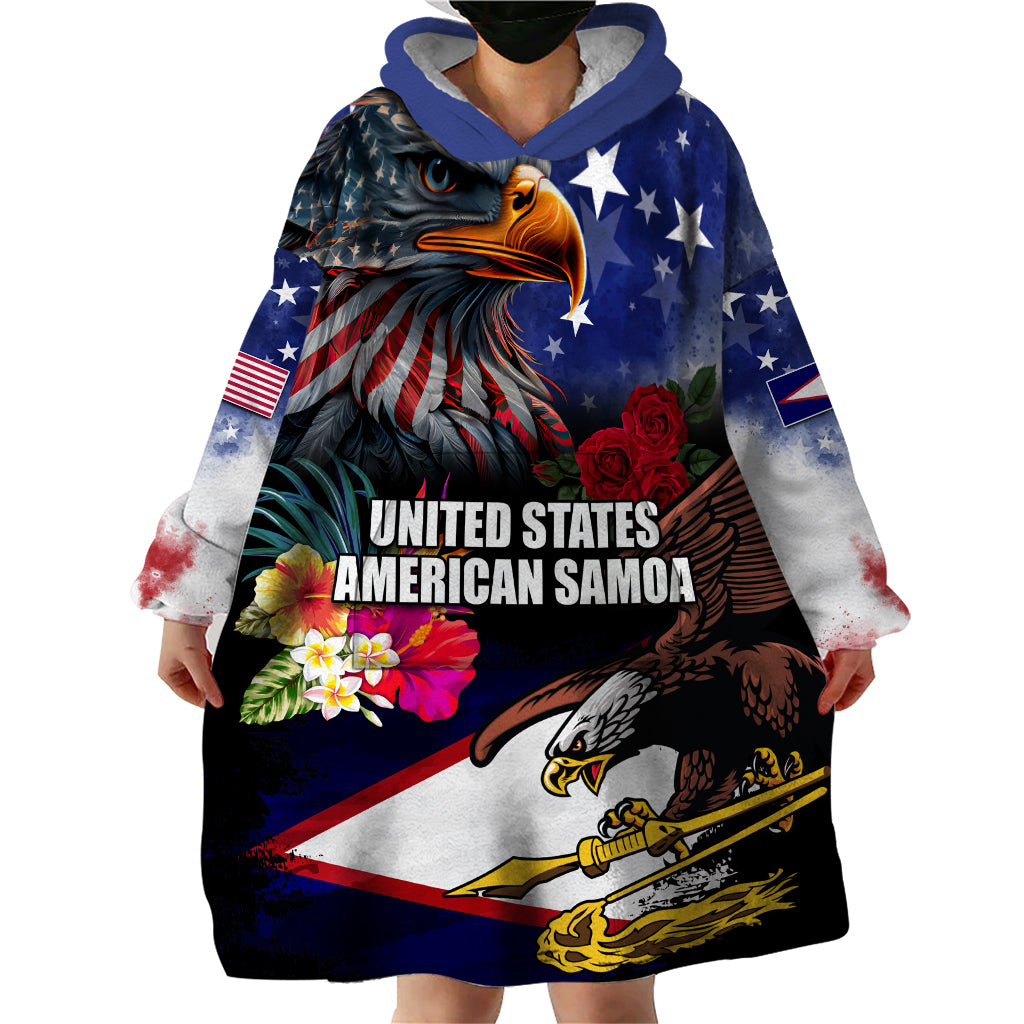 Personalised United States and American Samoa Wearable Blanket Hoodie Bald Eagle Rose and Hibiscus Flower LT03 - Polynesian Pride