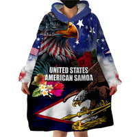 Personalised United States and American Samoa Wearable Blanket Hoodie Bald Eagle Rose and Hibiscus Flower LT03 - Polynesian Pride