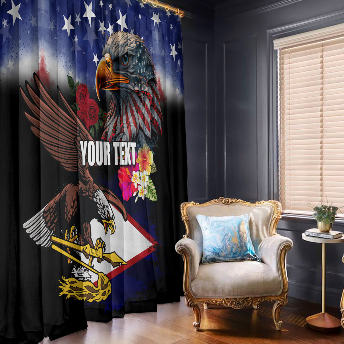 Personalised United States and American Samoa Window Curtain Bald Eagle Rose and Hibiscus Flower LT03 - Polynesian Pride