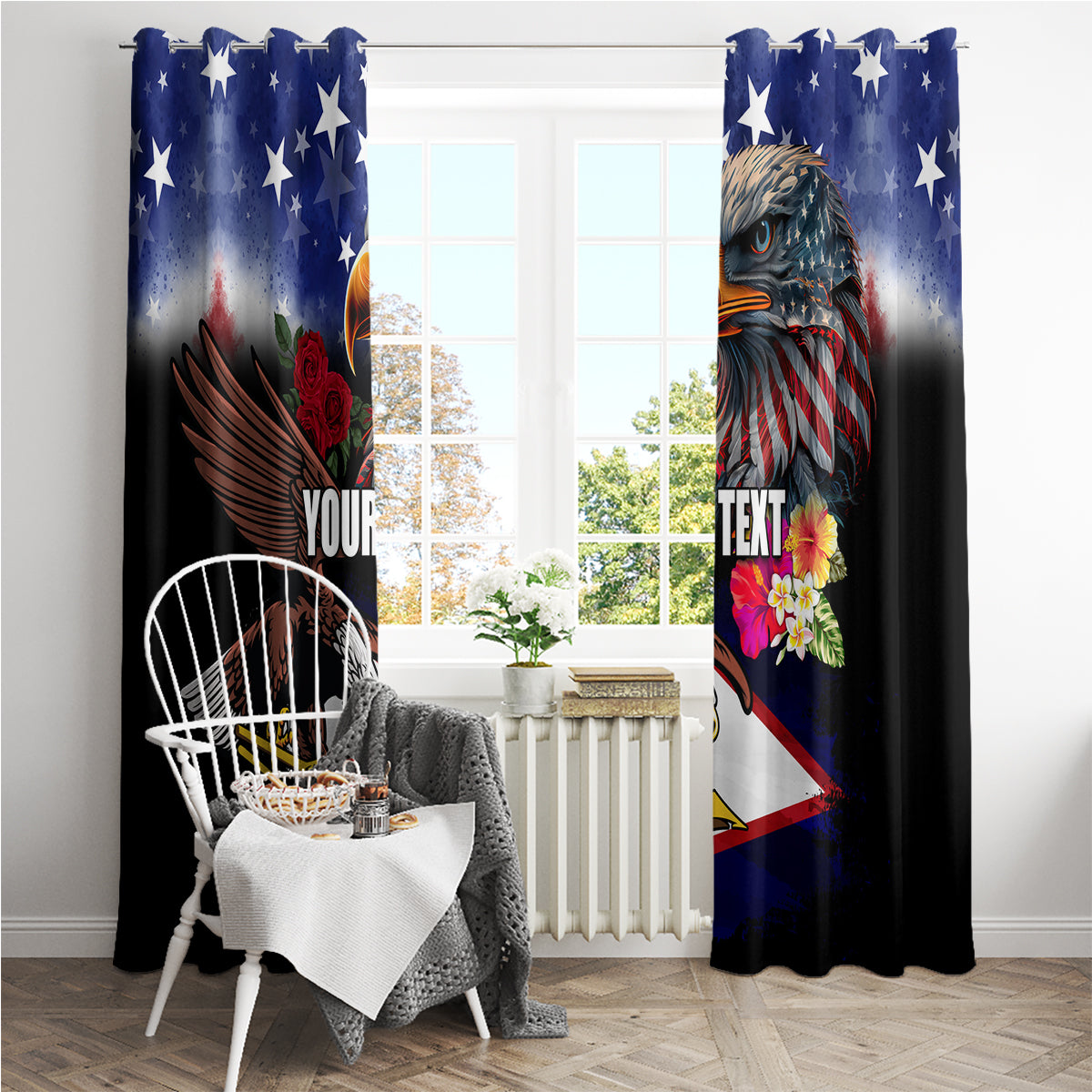 Personalised United States and American Samoa Window Curtain Bald Eagle Rose and Hibiscus Flower LT03 - Polynesian Pride