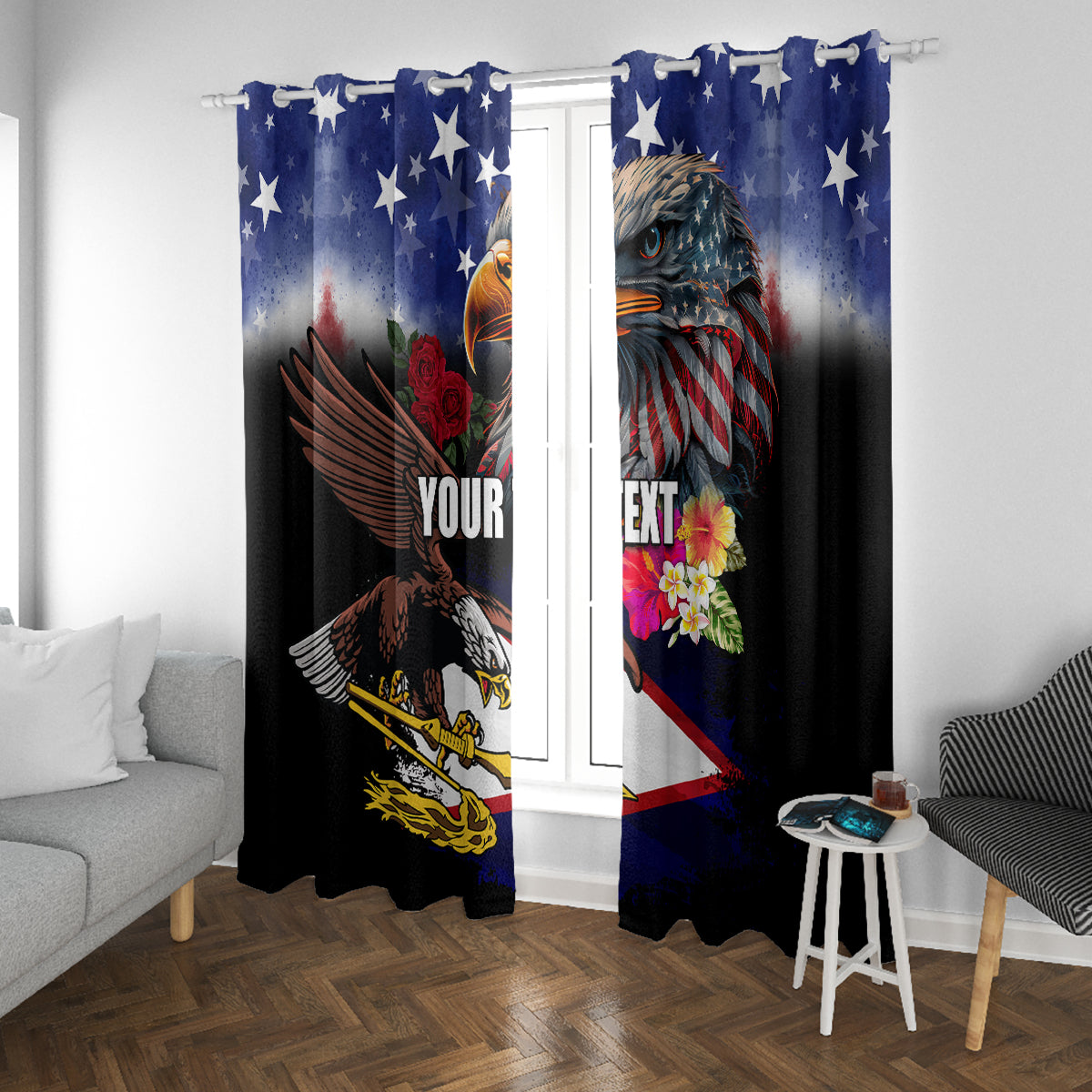 Personalised United States and American Samoa Window Curtain Bald Eagle Rose and Hibiscus Flower LT03 With Grommets Blue - Polynesian Pride
