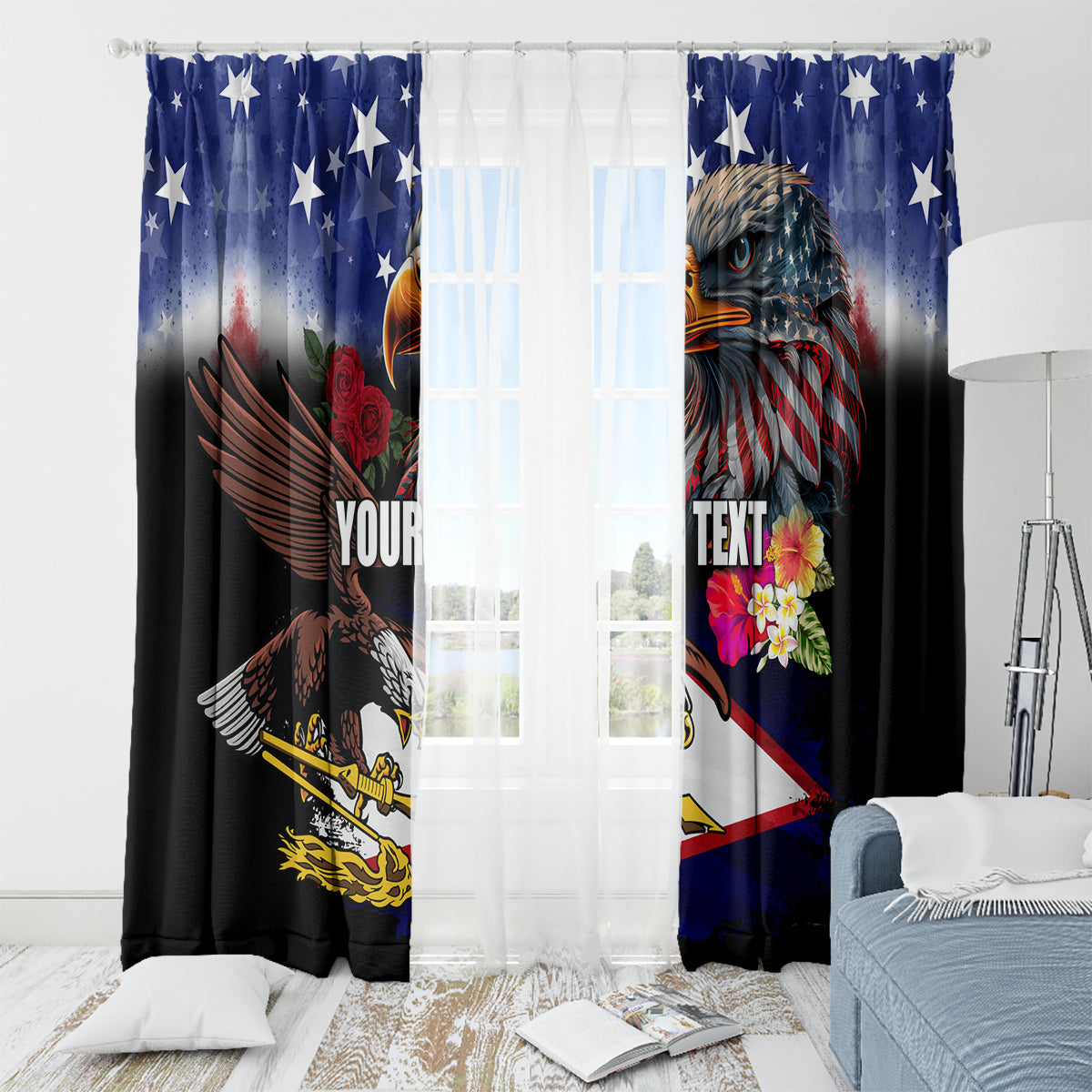 Personalised United States and American Samoa Window Curtain Bald Eagle Rose and Hibiscus Flower LT03 - Polynesian Pride