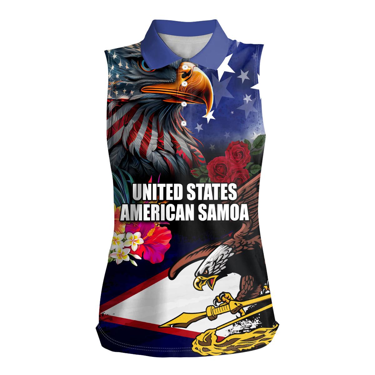 United States and American Samoa Women Sleeveless Polo Shirt Bald Eagle Rose and Hibiscus Flower