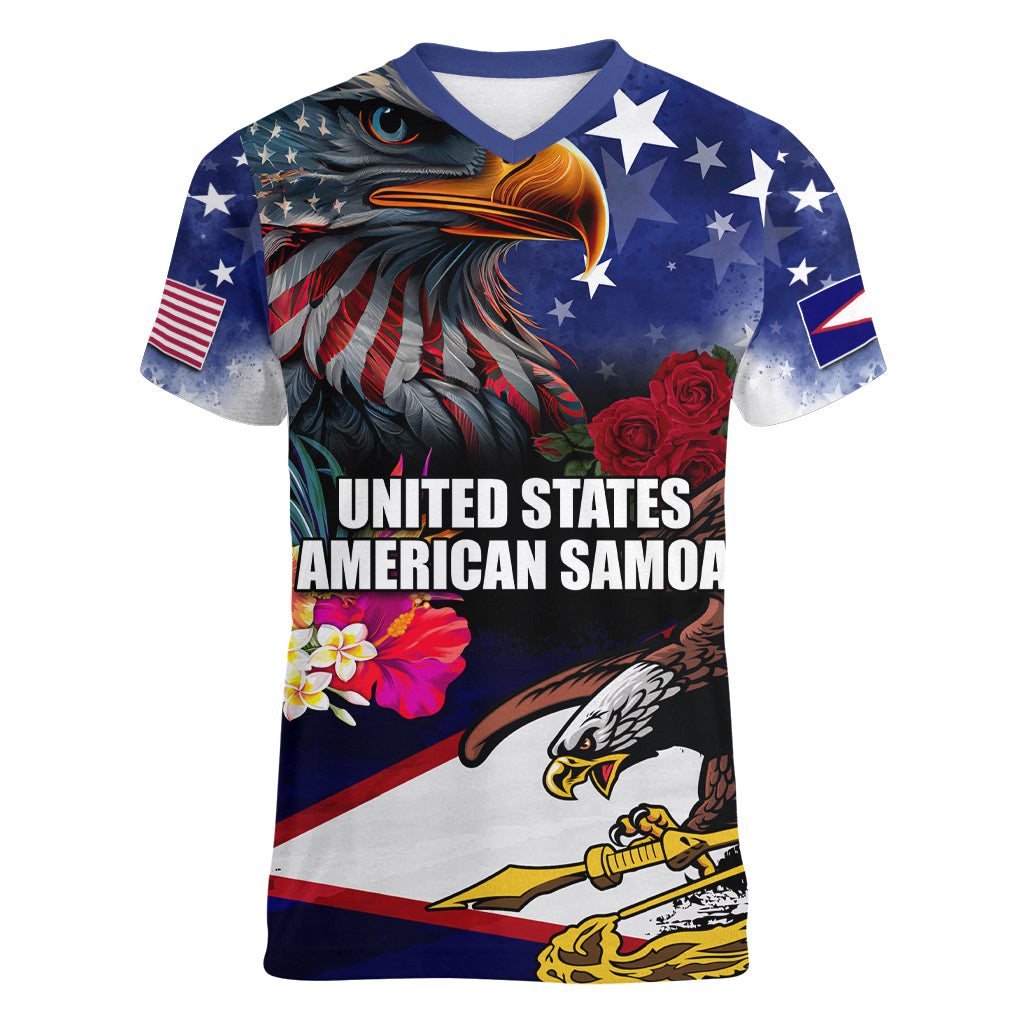 United States and American Samoa Women V-Neck T-Shirt Bald Eagle Rose and Hibiscus Flower