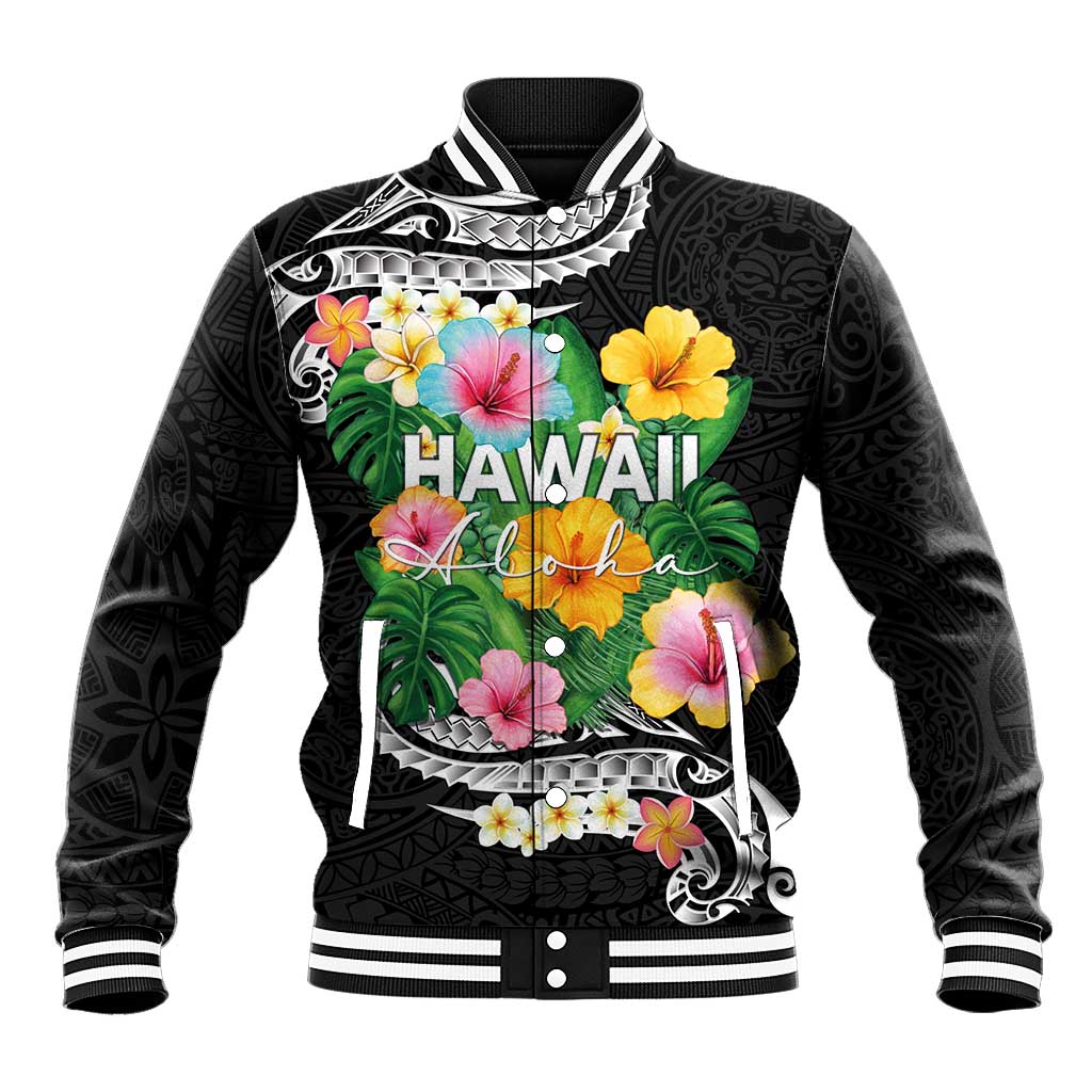 Hawaii Aloha Tropical Leaves and Flower Baseball Jacket with Polynesian Art Tattoo Black Color LT03 Unisex Black - Polynesian Pride