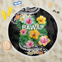 Hawaii Aloha Tropical Leaves and Flower Beach Blanket with Polynesian Art Tattoo Black Color LT03 One Size 150cm Black - Polynesian Pride
