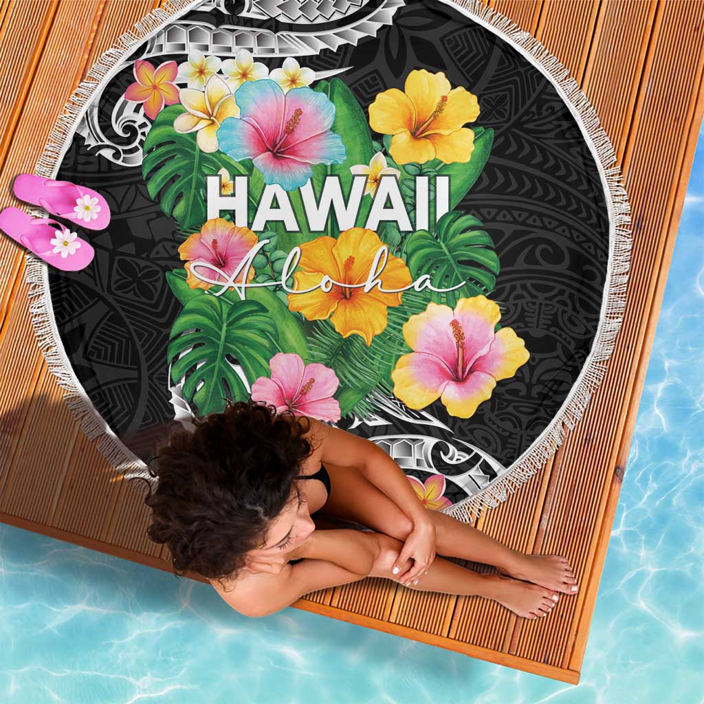 Hawaii Aloha Tropical Leaves and Flower Beach Blanket with Polynesian Art Tattoo Black Color LT03 - Polynesian Pride