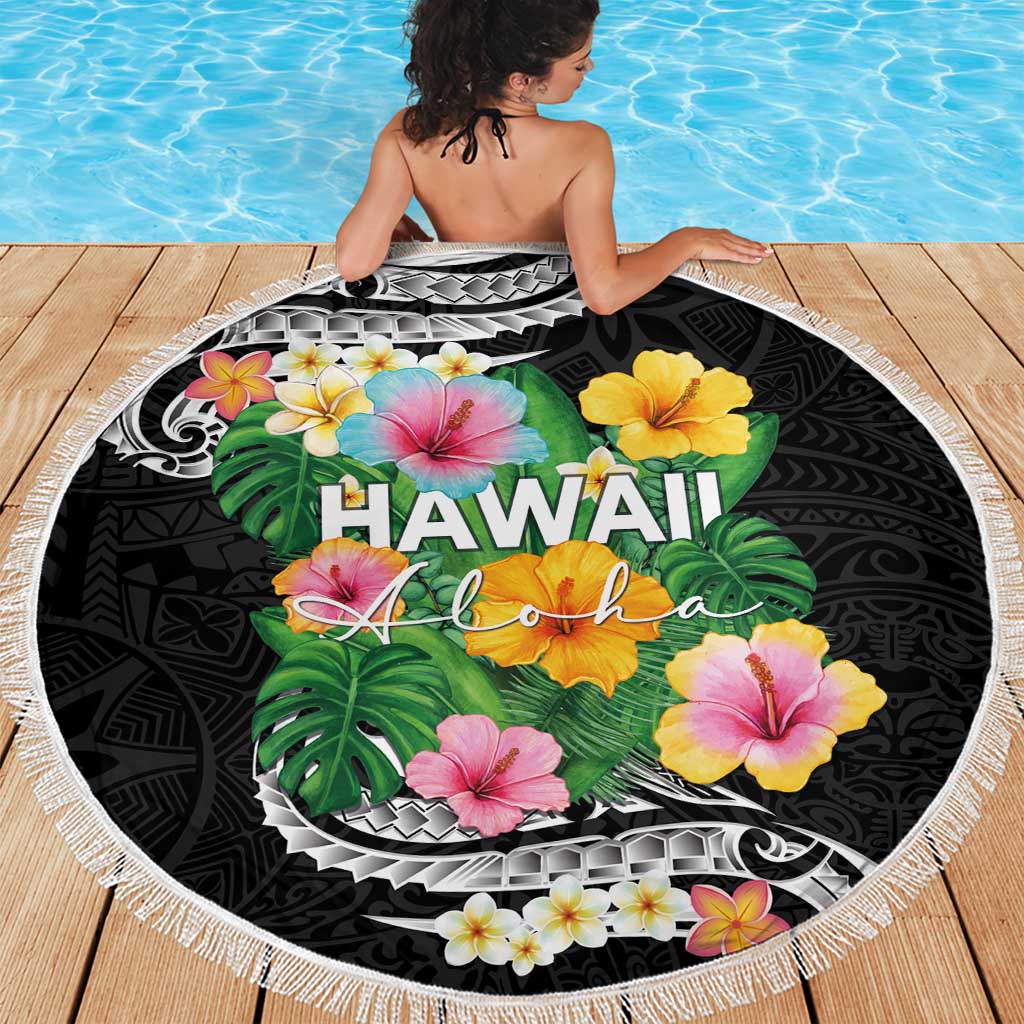 Hawaii Aloha Tropical Leaves and Flower Beach Blanket with Polynesian Art Tattoo Black Color LT03 - Polynesian Pride