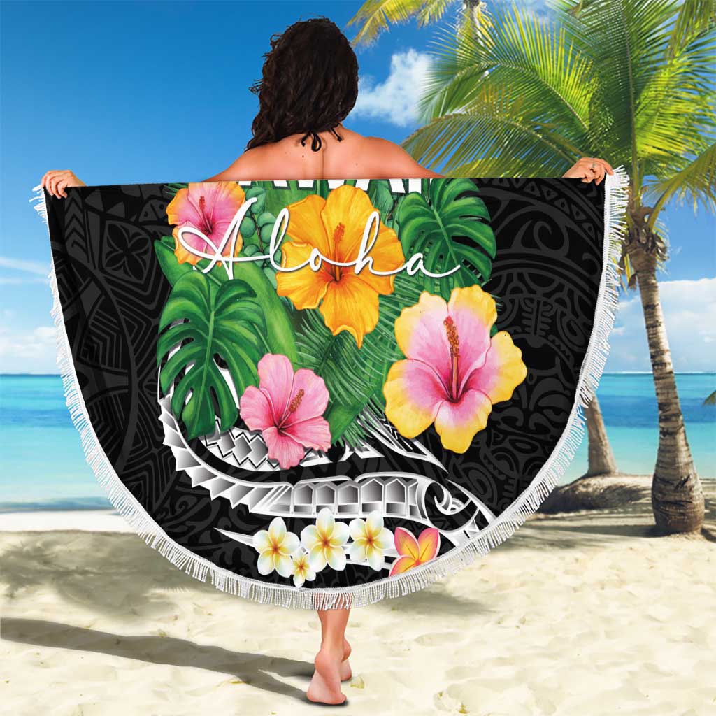 Hawaii Aloha Tropical Leaves and Flower Beach Blanket with Polynesian Art Tattoo Black Color LT03 - Polynesian Pride