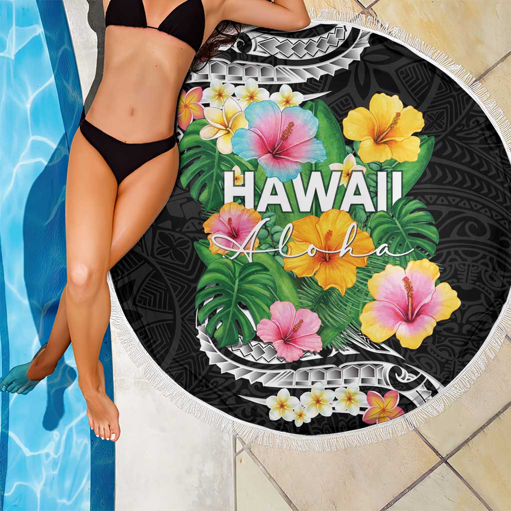 Hawaii Aloha Tropical Leaves and Flower Beach Blanket with Polynesian Art Tattoo Black Color LT03 - Polynesian Pride