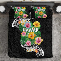Hawaii Aloha Tropical Leaves and Flower Bedding Set with Polynesian Art Tattoo Black Color - Polynesian Pride