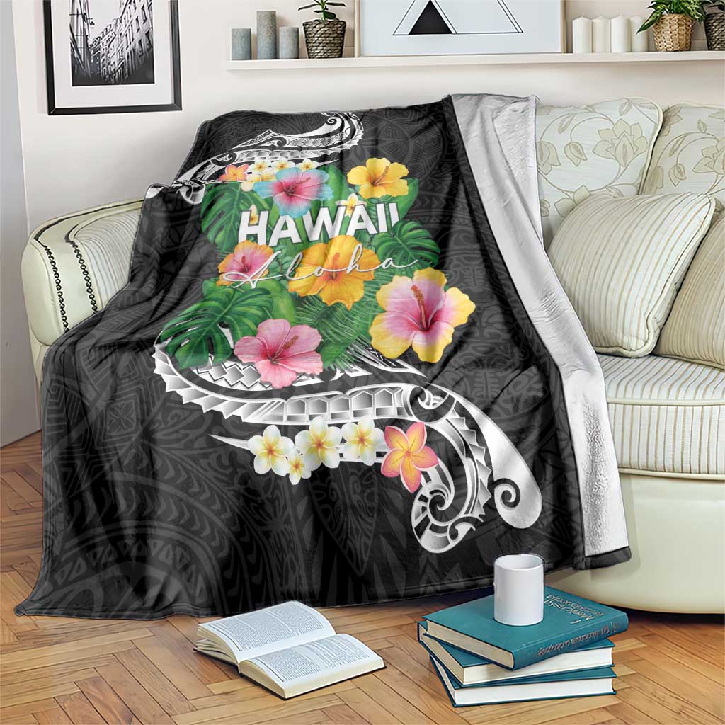 Hawaii Aloha Tropical Leaves and Flower Blanket with Polynesian Art Tattoo Black Color LT03 Black - Polynesian Pride