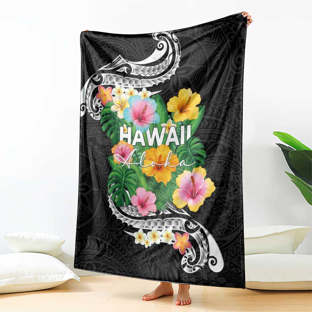Hawaii Aloha Tropical Leaves and Flower Blanket with Polynesian Art Tattoo Black Color LT03 - Polynesian Pride