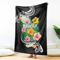 Hawaii Aloha Tropical Leaves and Flower Blanket with Polynesian Art Tattoo Black Color LT03 - Polynesian Pride