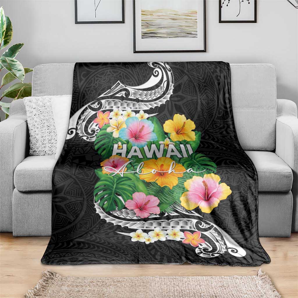 Hawaii Aloha Tropical Leaves and Flower Blanket with Polynesian Art Tattoo Black Color LT03 - Polynesian Pride