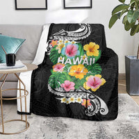 Hawaii Aloha Tropical Leaves and Flower Blanket with Polynesian Art Tattoo Black Color LT03 - Polynesian Pride