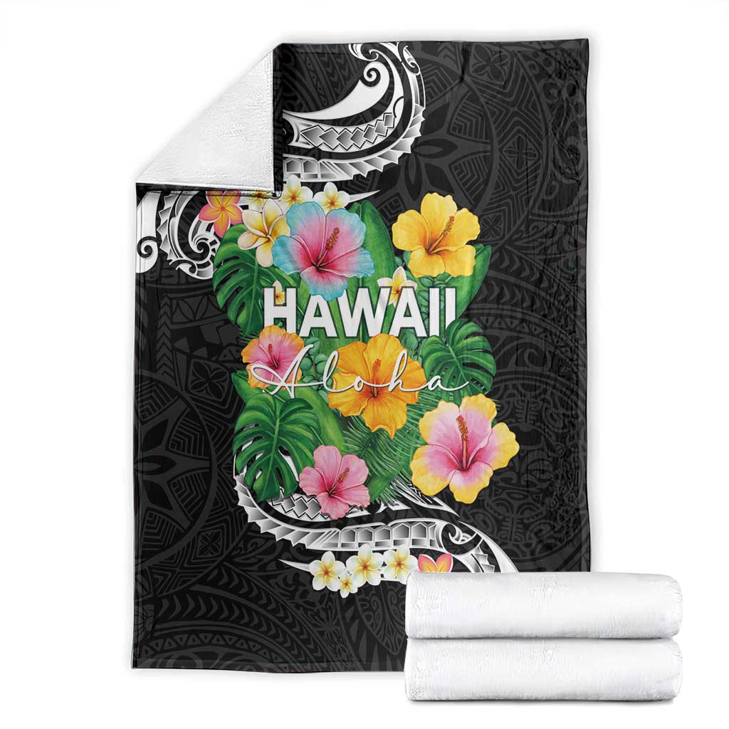 Hawaii Aloha Tropical Leaves and Flower Blanket with Polynesian Art Tattoo Black Color LT03 - Polynesian Pride