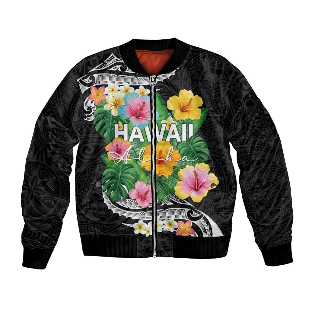 Hawaii Aloha Tropical Leaves and Flower Bomber Jacket with Polynesian Art Tattoo Black Color - Polynesian Pride