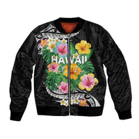 Hawaii Aloha Tropical Leaves and Flower Bomber Jacket with Polynesian Art Tattoo Black Color - Polynesian Pride