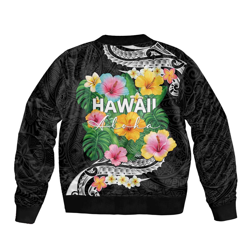 Hawaii Aloha Tropical Leaves and Flower Bomber Jacket with Polynesian Art Tattoo Black Color - Polynesian Pride